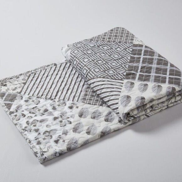 Farmhouse Gray Patchwork Printed Quilted Throw Country Cottage Shabby Chic - Picture 3 of 3